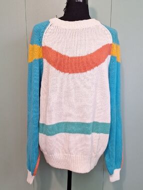 Vintage I. Magnin Colorblock Knit Sweater Off White Turquoise Coral Size Large